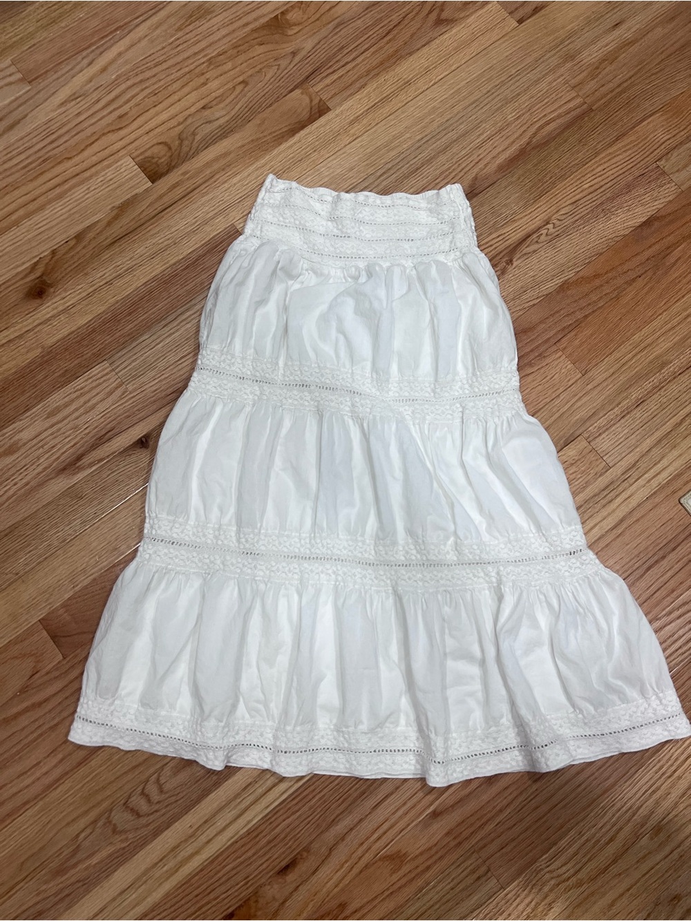 Studio West White Cotton Tiered Maxi Skirt with Lace Insets